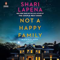 A graphic of the cover of Not a Happy Family which features an old mansion lit up at night
