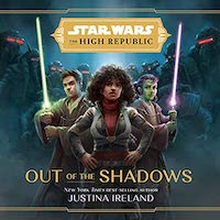 A graphic of the cover of Out of the Shadows, which features three Star Wars characters