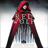 A graphic of the cover of Red Wolf, which features a woman wearing a red hooded cape.