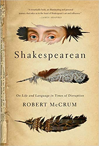 cover of Shakespearean: On Life and Language in Times of Disruption, featuring cutout of shakespeare's eyes in the shape of a feather