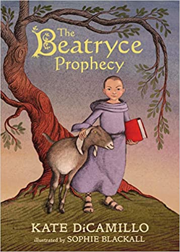 cover of The Beatryce Prophecy by Kate DiCamillo and Sophie Blackall, featuring an illustration of a young woman with a shaved head, wearing a purple robe and carrying a red book, and petting a goat