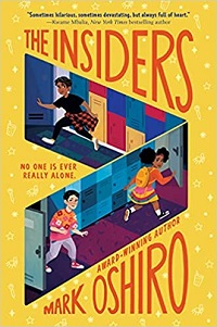 cover of the insiders by mark oshiro, a yellow cover with three cartoon children running through open doors