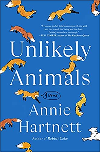 cover of Unlikely Animals by Annie Hartnett, blue with cartoon foxes and white dogs all over it