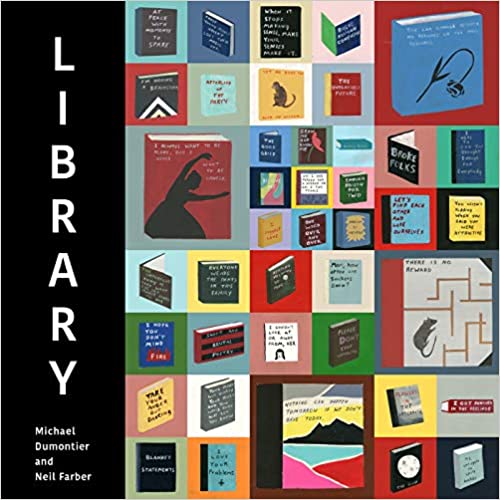 cover of Library by Michael Dumontier and Neil Farber, featuring several small squares of different colors with a hand-painted book in each one