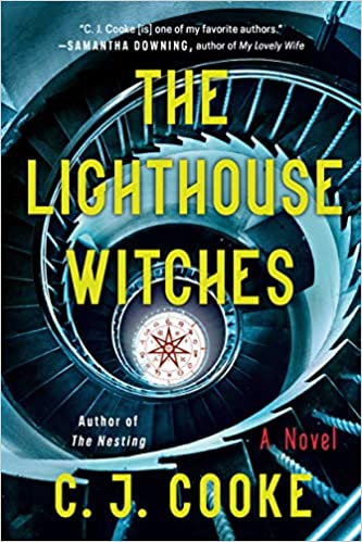 cover of The Lighthouse Witches by C.J. Cooke, featuring a pentagram and a spiral staircase