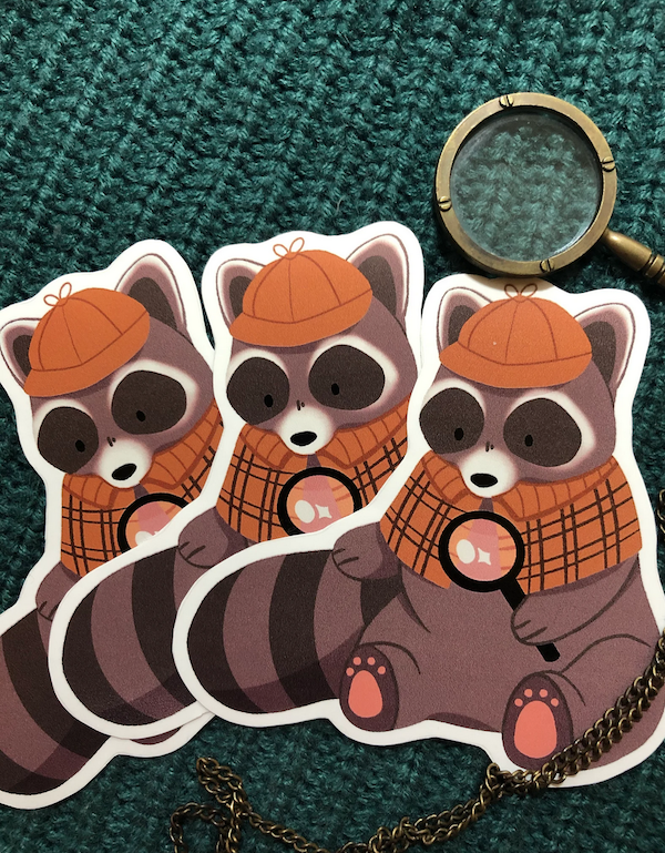 a graphic image sticker of a raccoon dressed as a detective