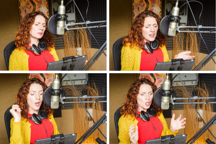 4 photos of Aoife McMahon a white woman with red curly hair sitting in front of a microphone with headphones wrapped around her neck. She is making expressions like she is serious, imploring, intrigued, and horrified in turn.