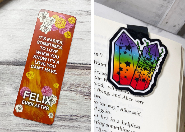 a Felix Ever After quote bookmark and a rainbow crystal bookmark