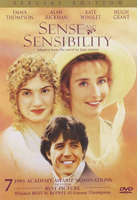 movie poster of the 1995 adaptation of Sense and Sensibility, featuring images of Emma Thompson, Kate Winslet, and Hugh Grant
