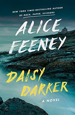 cover of daisy darker by alice feeney, illustration of a house on jagged cliffs of an island