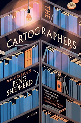 cover of the cartographers by peng shepherd, illustration of several shelves of books, all with blue spines