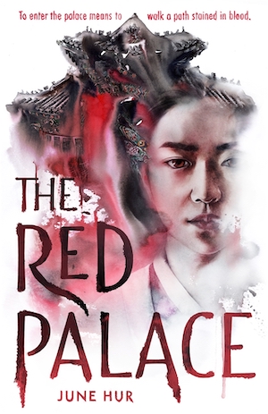 cover image of The Red Palace by June Hur, illustration in red and place of a young Asian woman's face