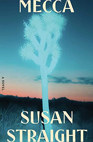 cover of Mecca by Susan Straight; outline of light blue desert tree against a setting sun