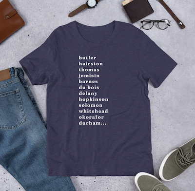 tshirt with the names of black sff writers on it