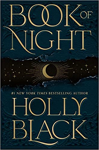 cover of book of night by holly black; dark green with illustration in the middle of a sliver of a moon at night