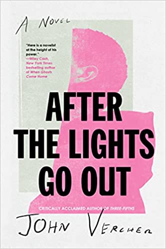 cover of After the Lights Go Out by John Vercher; pink photo of back half of a Black man's side profiles 