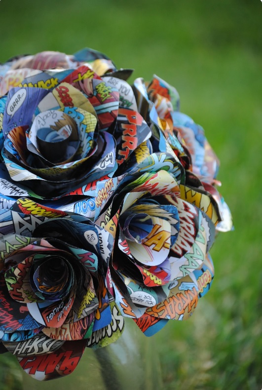 A bouquet of paper roses made of comic book pages