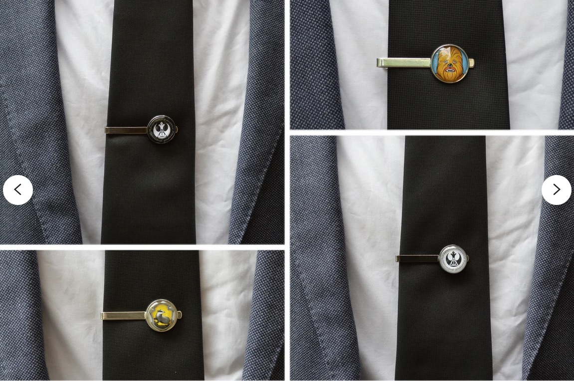 A series of images of comic-themed tie clips