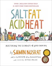 A graphic of the cover of Salt Fat Acid Heat: Mastering the Elements of Good Cooking by Samin Nosrat
