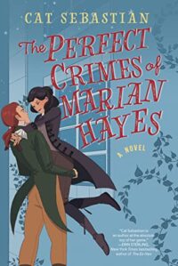 Book cover of The Perfect Crimes of Marian Hayes; illustration of woman in breeches and tails jumping into the arms of a man similarly dressed