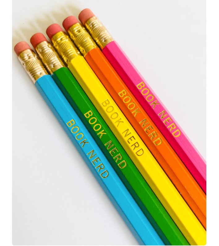 image of five brightly colored pencils. all of the pencils have gold text reading "book nerd."