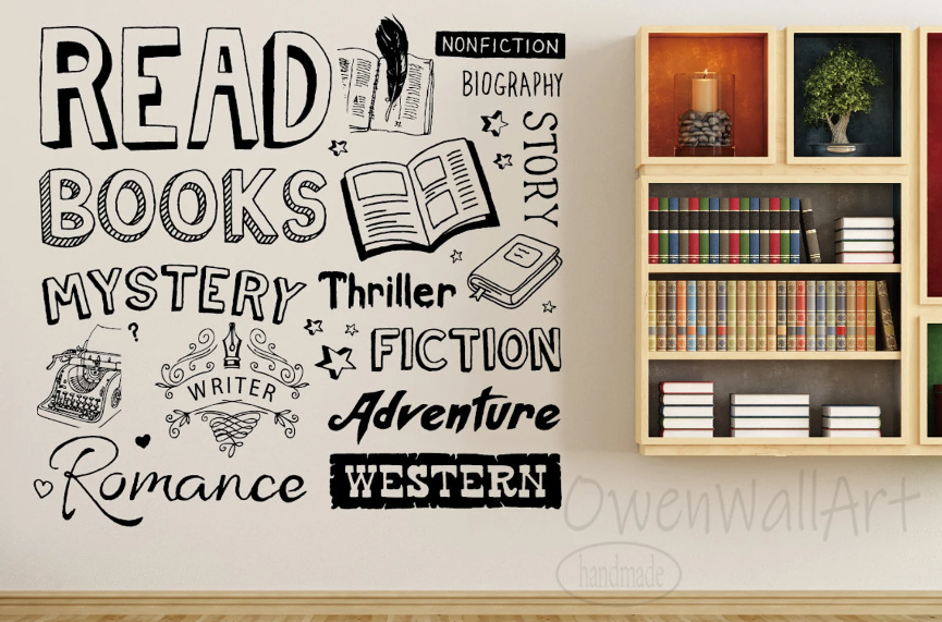 wall stickers in sketchy font with different book genres