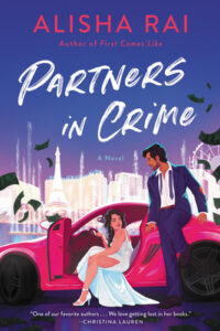 cover of Partners in Crime by Alisha Rai; illustration of a woman in a white dress sitting in a red sports car with a man in a purple suit leaning against the side of the car