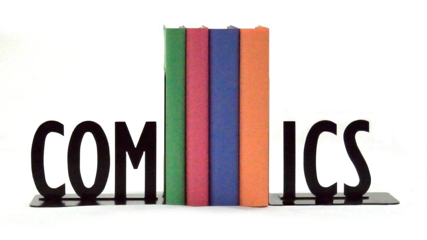 A pair of metal bookends; one end has the letters C-O-M and the other has I-C-S