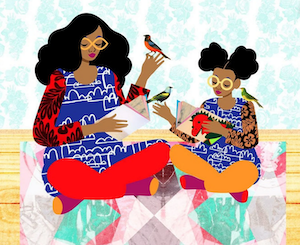 colorful art print of a black woman and young black girl sitting down reading with birds landing on them