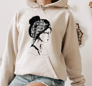 screenprint woman's profile with a library of books in her head sweatshirt