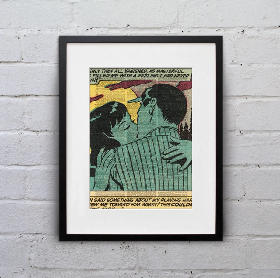 A framed comic book panel of a man and a woman kissing