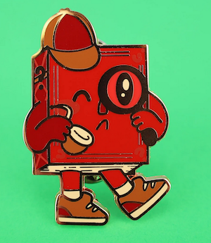 image of an enamel pin shaped like a red book with legs and arms holding a magnifying glass and pipe to look like a detective