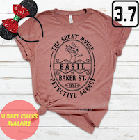 tshirt with a black graphic of Basil the mouse with a magnifying glass and the text "The Great Mouse Detective Agency"