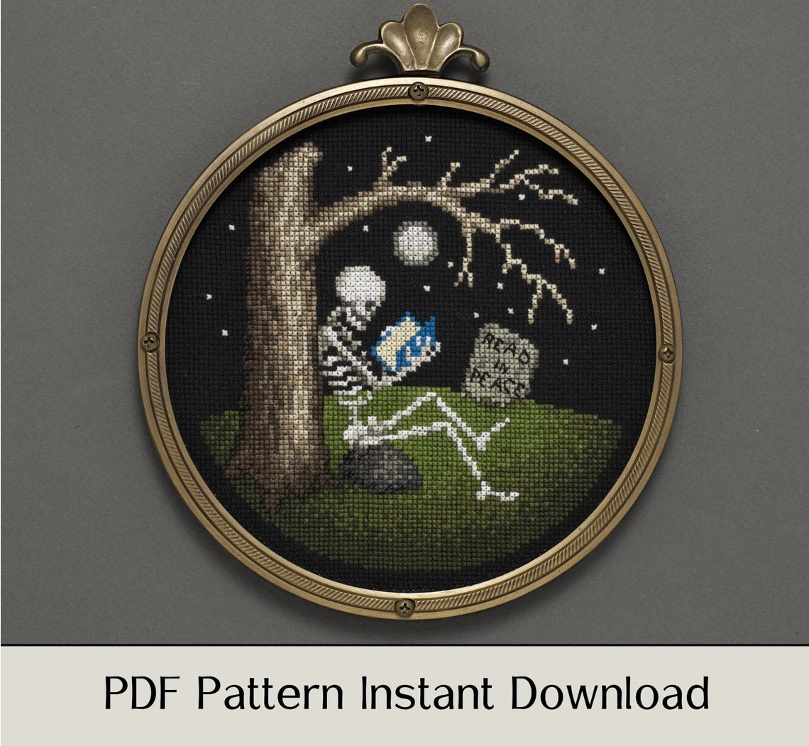 skeleton with book cross stitch pattern by lolacrowcrossstitch etsy