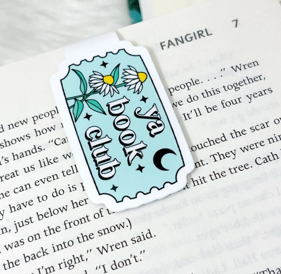 image of a bookmark in the shape of a ticket stub that reads "ya book club."