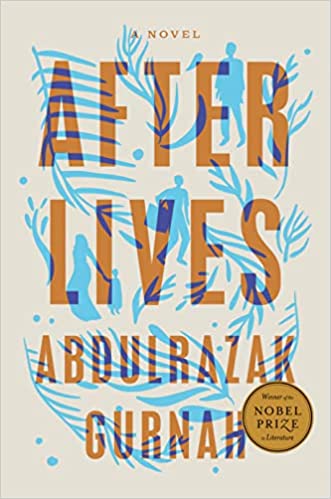 cover of Afterlives by Abdulrazak Gurnah; brown font woven with blue leaves and shadows of people