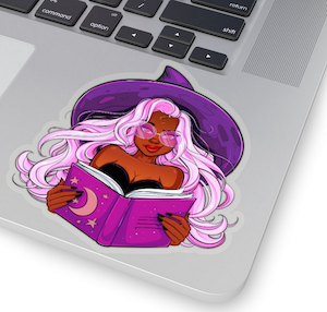 sticker of a Black woman witch with a purple witch hat and holding a purple book open