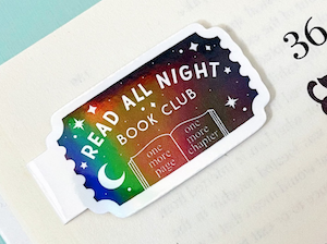 holographic magnetic book mark that says "read all night book club"