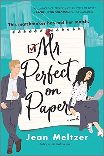 cover of Mr. Perfect on Paper by Jean Meltzer; blonde man and dark-haired woman standing in front of a large sheet of tacked-up note paper