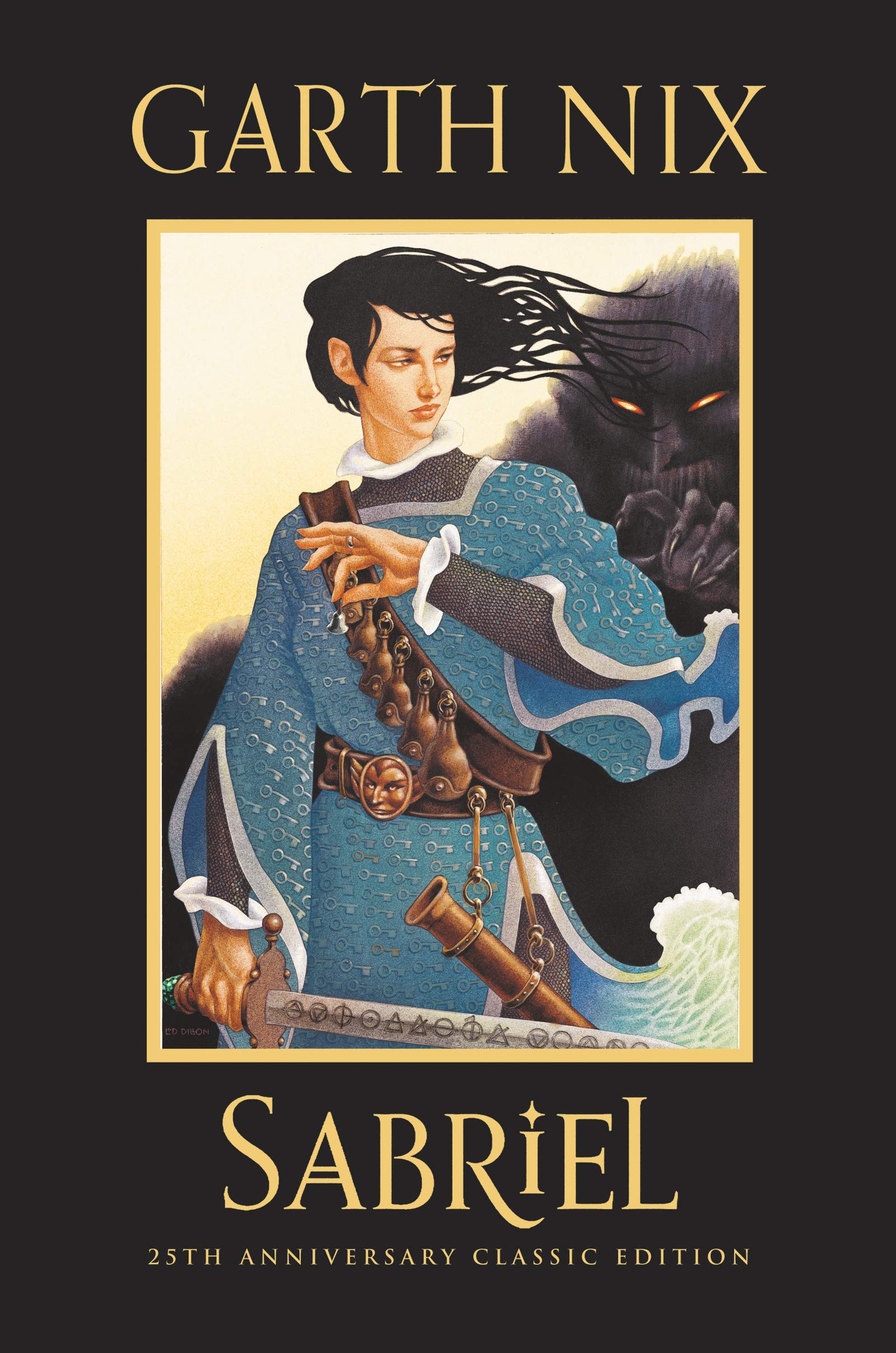 A graphic of the cover of Sabriel by Garth Nix