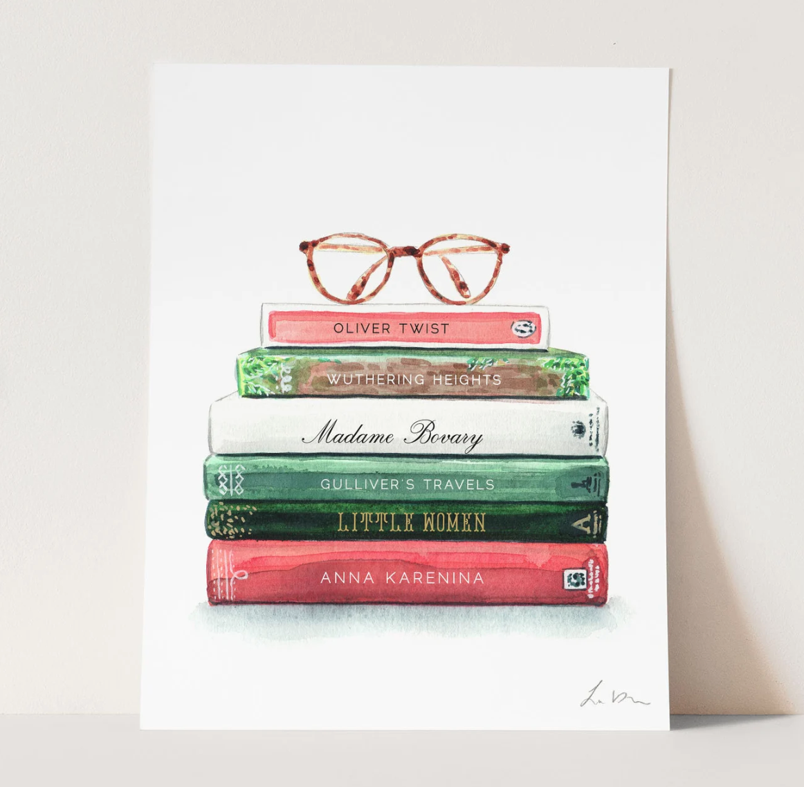 watercolor painting of several books with a pair of glasses on top