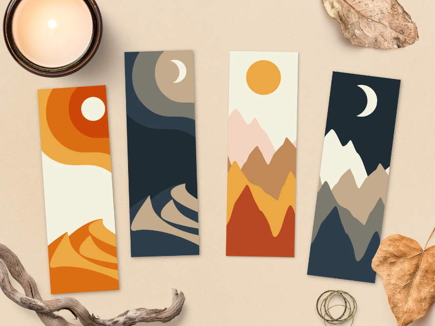 four bookmarks with abstrand landscapes in blues, whites, organies, and yellows