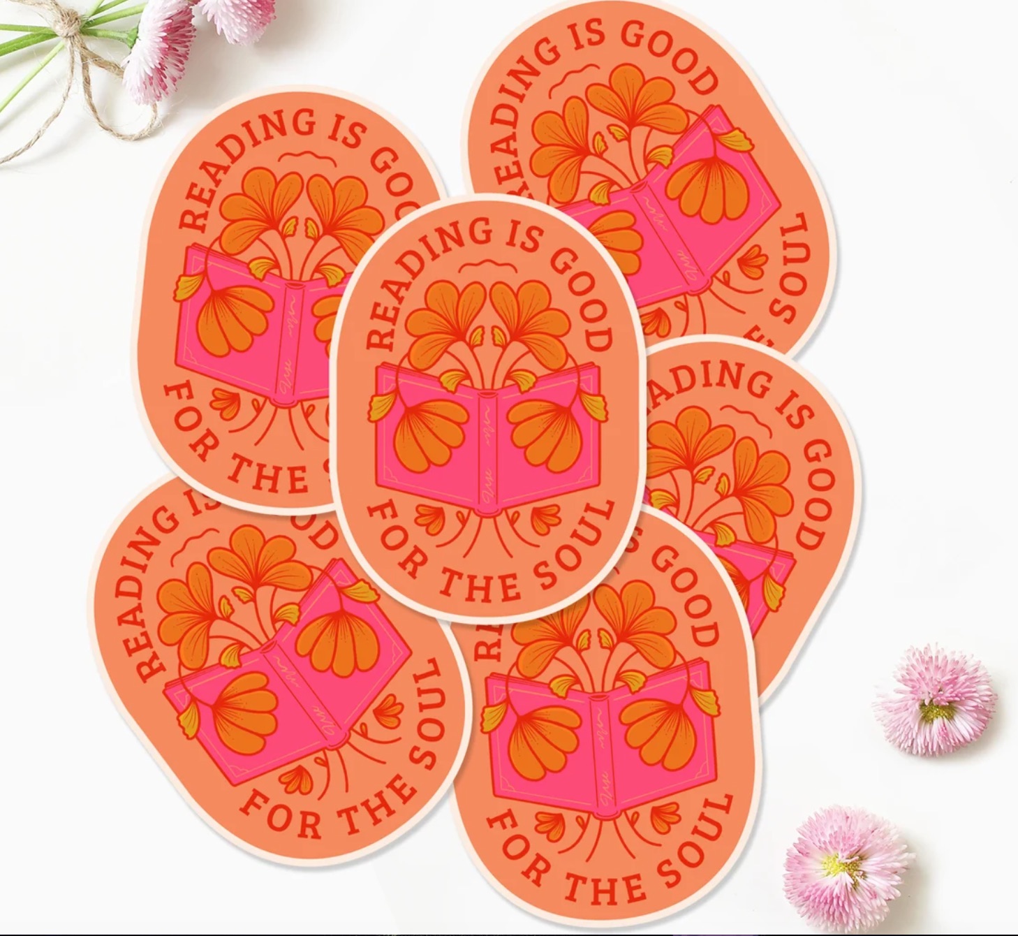 stickers that say "reading is good for the soul"
