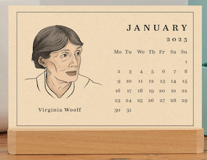 desktop calendar postcard size showing January with Virginia Woolf
