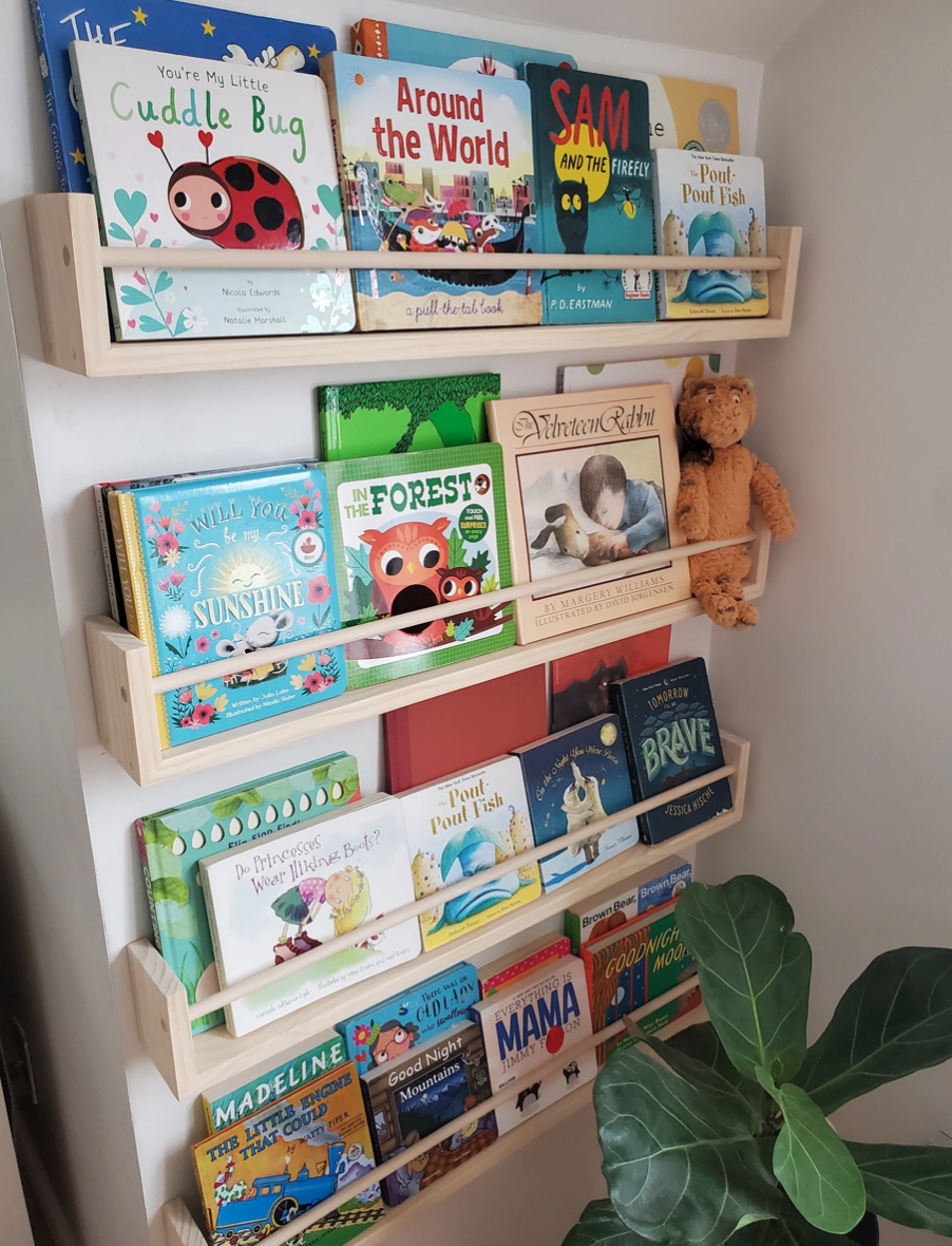 Bookshelves mounted to wall displaying picture books