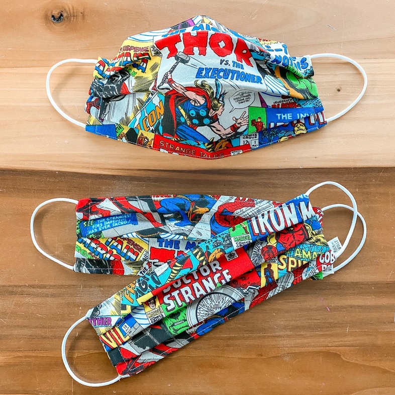 three facemasks with Marvel characters on them