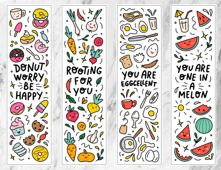 printable bookmarks with encouraging sayings and cartoon food