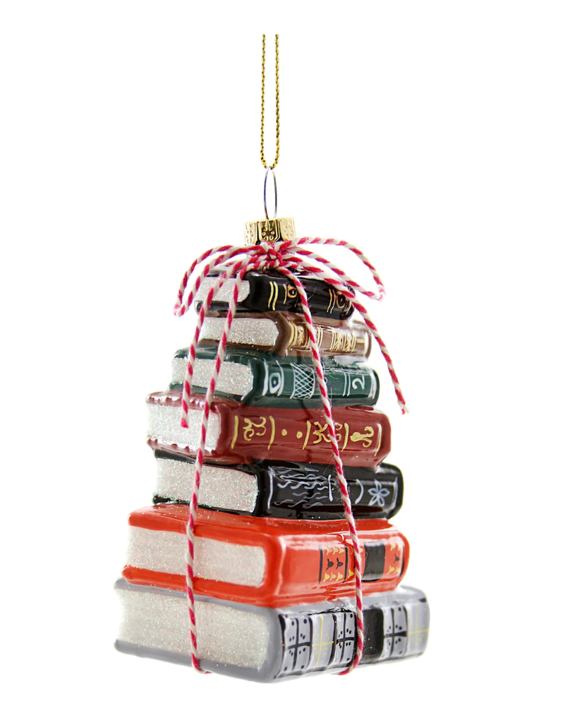 Stack of tiny books made into a holiday ornament