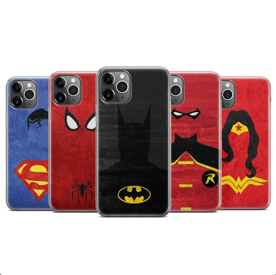 Phone cases featuring abstract art of various superheroes