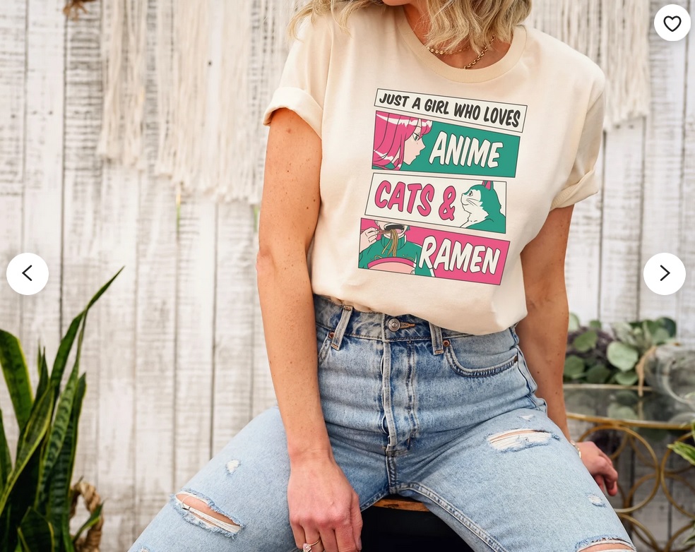 A t-shirt that says "just a girl who loves anime, cats & ramen"